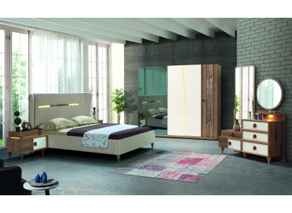 Set camera da letto: letto, 2 comodini, 5 pezzi, design tessile in legno, armadio.