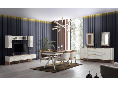 Set da pranzo con tavolo, 4 sedie, credenza con 2 specchi, parete attrezzata composta da 11 pezzi.