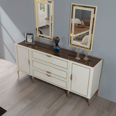 Set soggiorno: credenza con 2 specchi, tre pezzi in legno bianco, madia.