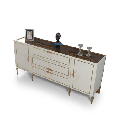Set soggiorno: credenza con 2 specchi, tre pezzi in legno bianco, madia.