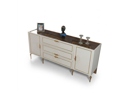 Set soggiorno: credenza con 2 specchi, tre pezzi in legno bianco, madia.