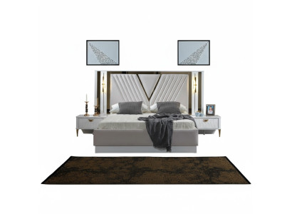 Letto a 2 camere da letto con decorazioni in oro e comodini coordinati