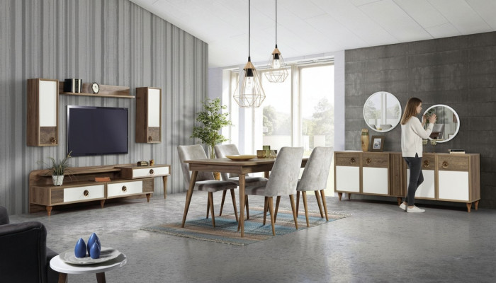 Soggiorno credenza con specchiera set in legno marrone nuovo moderno di lusso.