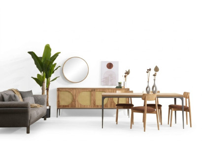 Set da pranzo in legno con tavolo, credenza, specchio e 4 sedie - 7 pezzi.