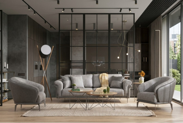 Sofà grigio a 3 posti con poltrona, arredamento da soggiorno di lusso design