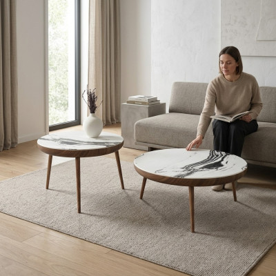 Set di tavolini da salotto 2 pezzi. Tavolo arredamento soggiorno rotondo in legno bianco design.