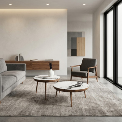 Set di tavolini da salotto 2 pezzi. Tavolo arredamento soggiorno rotondo in legno bianco design.