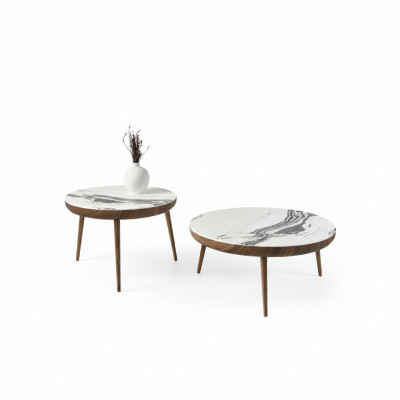 Set di tavolini da salotto 2 pezzi. Tavolo arredamento soggiorno rotondo in legno bianco design.