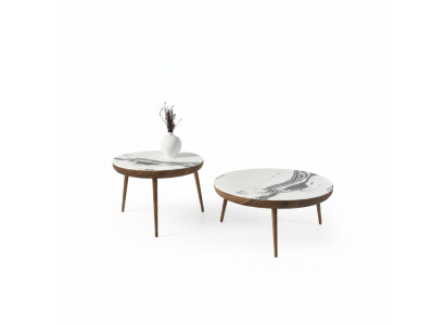 Set di tavolini da salotto 2 pezzi. Tavolo arredamento soggiorno rotondo in legno bianco design.