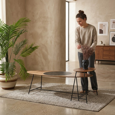 Tavolino moderno tavolino da salotto tavolino design ovale in legno per soggiorno 2 pezzi.