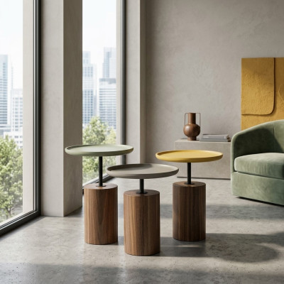 Tavoli da caffè design rotondi in legno, nuovi tavoli per il soggiorno.   Tavolini da caffè rotondi in legno di design, nuovi tavoli per il soggiorno.