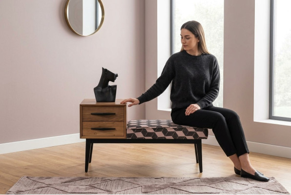 Banco Imbottito Pouf Banco Tessuto Marrone Legno Stile Di Lusso Design Nuovo