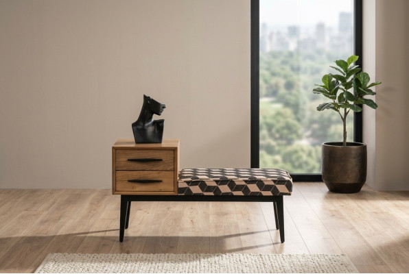 Banco Imbottito Pouf Banco Tessuto Marrone Legno Stile Di Lusso Design Nuovo