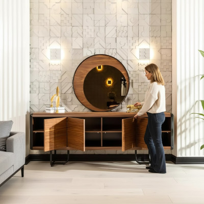 Mobile portaoggetti di lusso con specchio, console in legno, gruppo di cassetti, comodini, consolle.