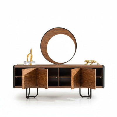 Mobile portaoggetti di lusso con specchio, console in legno, gruppo di cassetti, comodini, consolle.