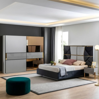 Set di mobili da camera perfetto in tonalità grigie con intarsi dorati.