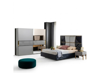 Set di mobili da camera perfetto in tonalità grigie con intarsi dorati.