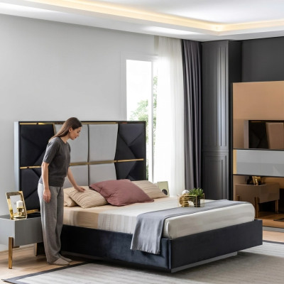 Lussuosa camera da letto con letti matrimoniali di design in legno, nuovo telaio letto.