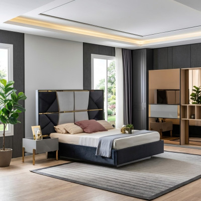 Lussuosa camera da letto con letti matrimoniali di design in legno, nuovo telaio letto.
