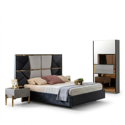 Lussuosa camera da letto con letti matrimoniali di design in legno, nuovo telaio letto.