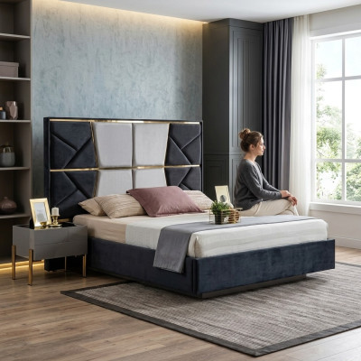 Splendido completo da letto in toni grigio scuro con inserti dorati.