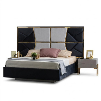 Splendido completo da letto in toni grigio scuro con inserti dorati.