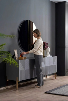 Credenza specchio set stile italiano 2 pezzi. Comò in legno per soggiorno.
