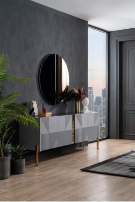 Credenza specchio set stile italiano 2 pezzi. Comò in legno per soggiorno.