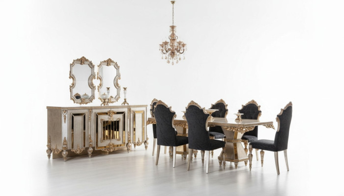 Arredi per la sala da pranzo di alta qualità in stile dorato composto da 7 pezzi.