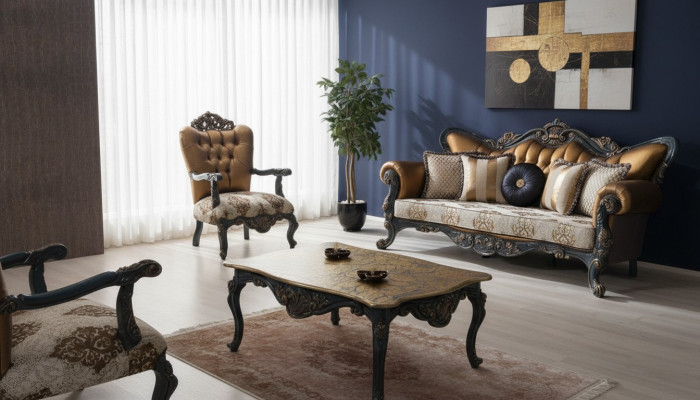 Mobili dell'epoca della fondazione Sofà classico con divanetto capitonné Chesterfield 3+1+ Tavolo