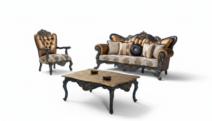 Mobili dell'epoca della fondazione Sofà classico con divanetto capitonné Chesterfield 3+1+ Tavolo