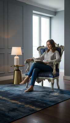 Una favolosa poltrona in stile classico blu con motivi decorativi.