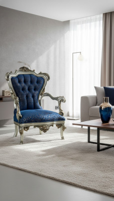 Una favolosa poltrona in stile classico blu con motivi decorativi.