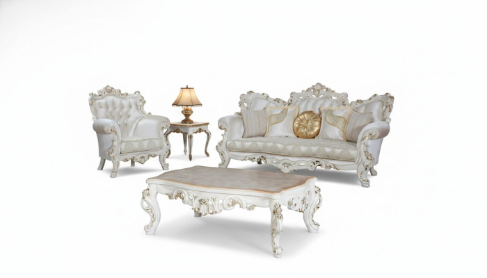 Divano Chesterfield con rivestimento in tessuto bianco composto da 3+1 posti, divano a tre posti e tavolino.
