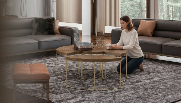 Tavolino moderno rotondo di lusso in legno per salotto.