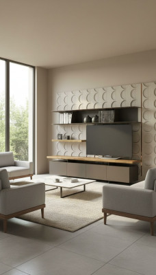 Moderno supporto TV con mensole da parete, armadietti di lusso in noce naturale