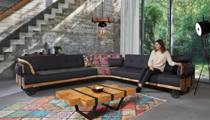 Divano Loft imbottito angolare con ruote, divano ad angolo, divano a due pezzi.