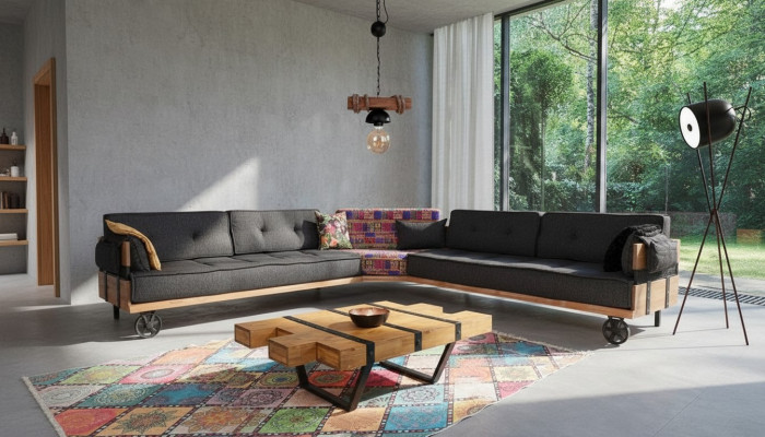 Divano Loft imbottito angolare con ruote, divano ad angolo, divano a due pezzi.