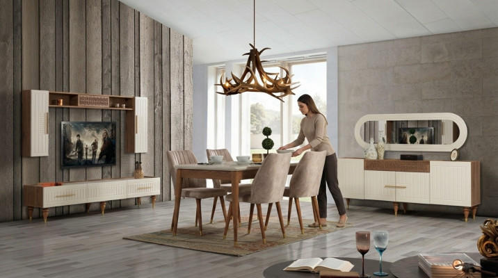Set completo per soggiorno + set da sala da pranzo tavolo scaffale comò 6 pezzi.
