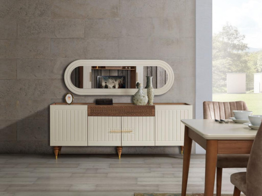 Set da sala da pranzo 3 pezzi Gruppo di arredamento Tavolo da pranzo Comò Specchio Set completo