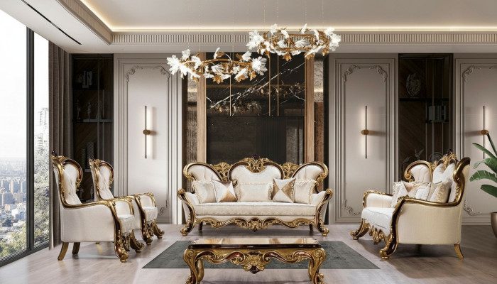 Set di divani di lusso in stile barocco e rococò con divano 3 posti + 3 posti + poltrona + poltrona e tavolino.