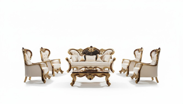 Set di divani di lusso in stile barocco e rococò con divano 3 posti + 3 posti + poltrona + poltrona e tavolino.