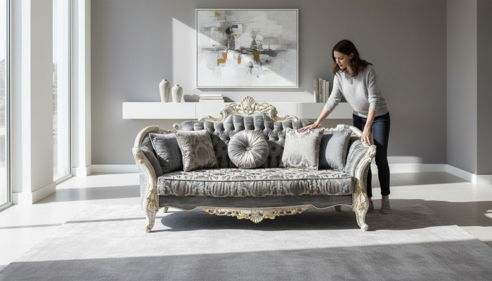 Divano Barocco 3 posti Grigio Soggiorno Design Classico Divano Tessile
