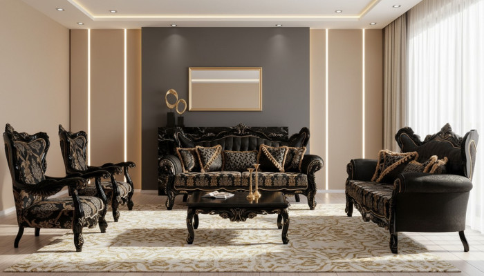 Set divano 3+3+1+1 Tavolino da salotto Sofà di lusso nero Salotto Nuovo