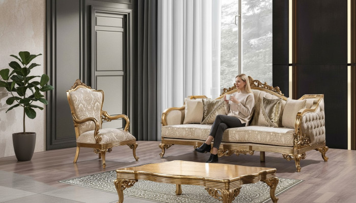 Divano dorato Set da divano classico Arredamento imbottito 3+1 Tavolino da salotto Tessuto