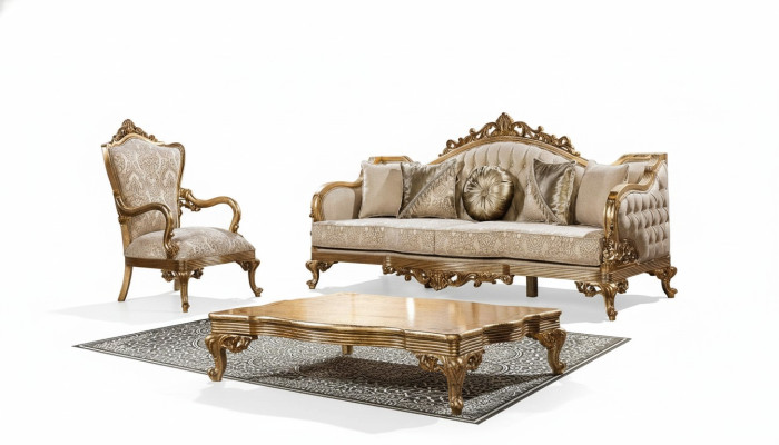 Divano dorato Set da divano classico Arredamento imbottito 3+1 Tavolino da salotto Tessuto