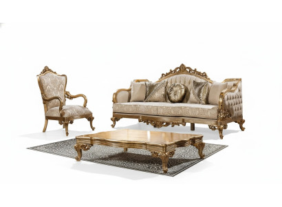 Divano dorato Set da divano classico Arredamento imbottito 3+1 Tavolino da salotto Tessuto