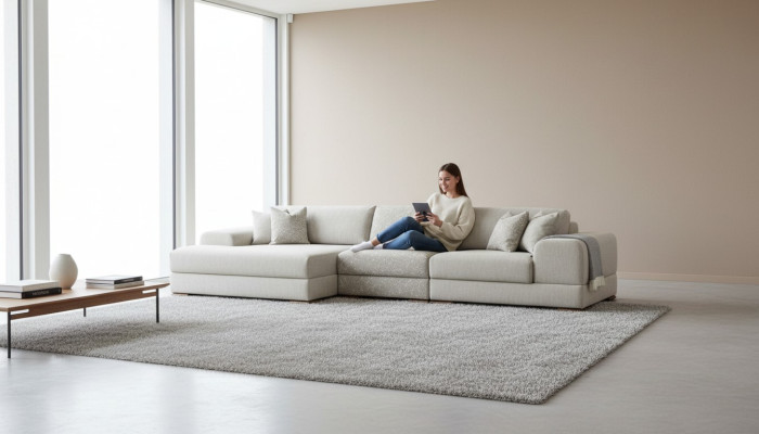 Divano angolare a L in stile moderno grigio, lussuoso, da salotto.