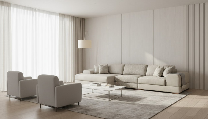 Divano angolare a L in stile moderno grigio, lussuoso, da salotto.