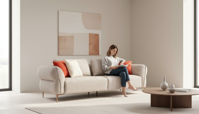 Divano beige, divani soggiorno, divano, design moderno, stile di divano.